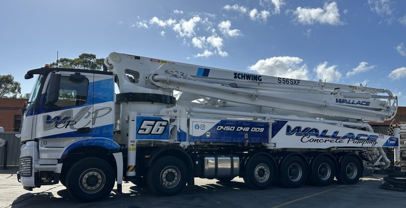 Wallace Concrete Pumping Company Sydney - WCP056 - WCP056 - 56m Truck Mounted Boom Pump - <p>56M Truck Mounted Boom Pump with 162 m3/hr Output.</p>

<ul>
	<li>Delivery Line: DN 125</li>
	<li>Water Pump: 20 Bar</li>
	<li>Water Tank: 610L</li>
	<li>Hopper Capacity: 600L</li>
	<li>Number of Booms: 5 Sections</li>
	<li>Folding Type: Roll n Fold</li>
	<li>Vertical Height: 55.20m</li>
	<li>Horizontal Reach: 50m from centre of turret</li>
	<li>Unfolding Height: 11.5m</li>
	<li>End-Hose Length: 4.0m</li>
</ul>

<p>Outrigger Loads<br />
Front: 350 kN / 35 Tonne<br />
Rear: 310 kN / 31 Tonne</p>

